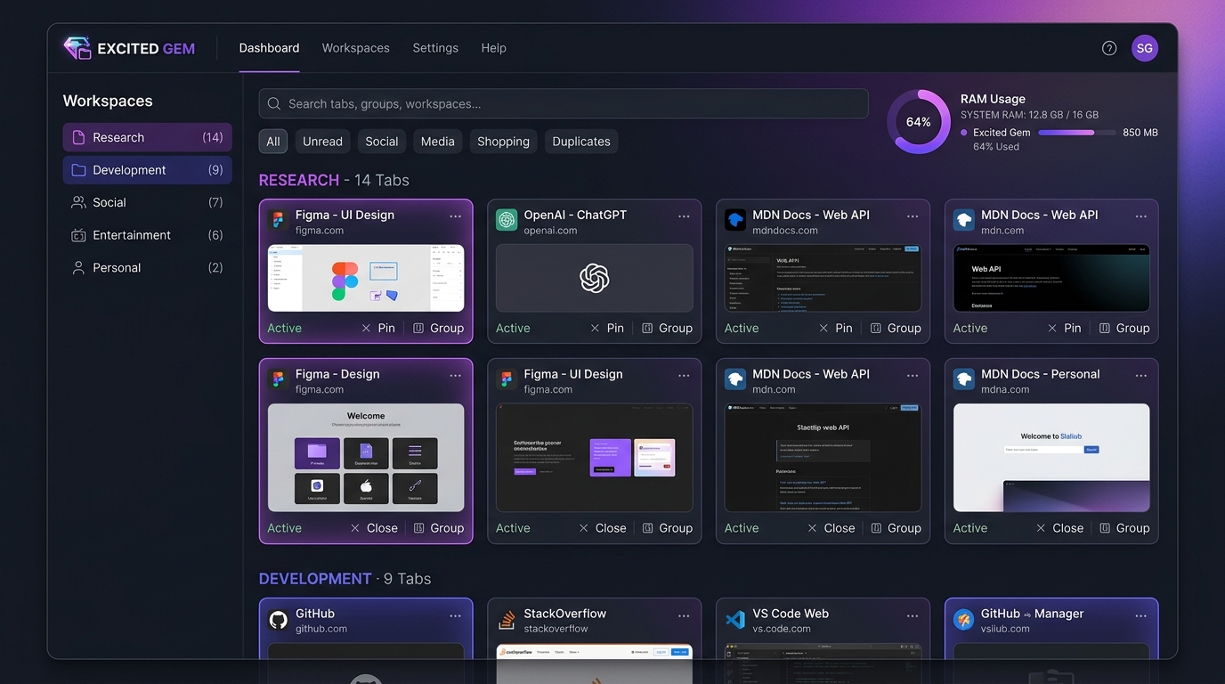 Excited Gem — Power-User Browser Tab Manager